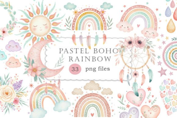 Download Pastel Boho Rainbow Clipart Set PNG - Rainbow clipart Collection